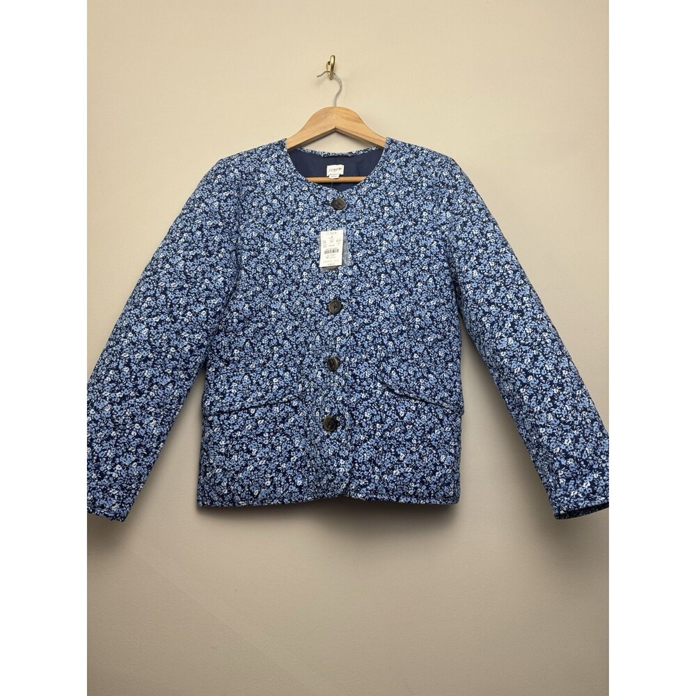 J.Crew Factory Quilted Jacket Size 2 Blue Floral Printed Button Pockets Womens